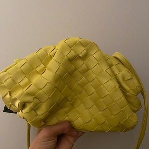 Yellow woven pouch bag magnetic closure and strap